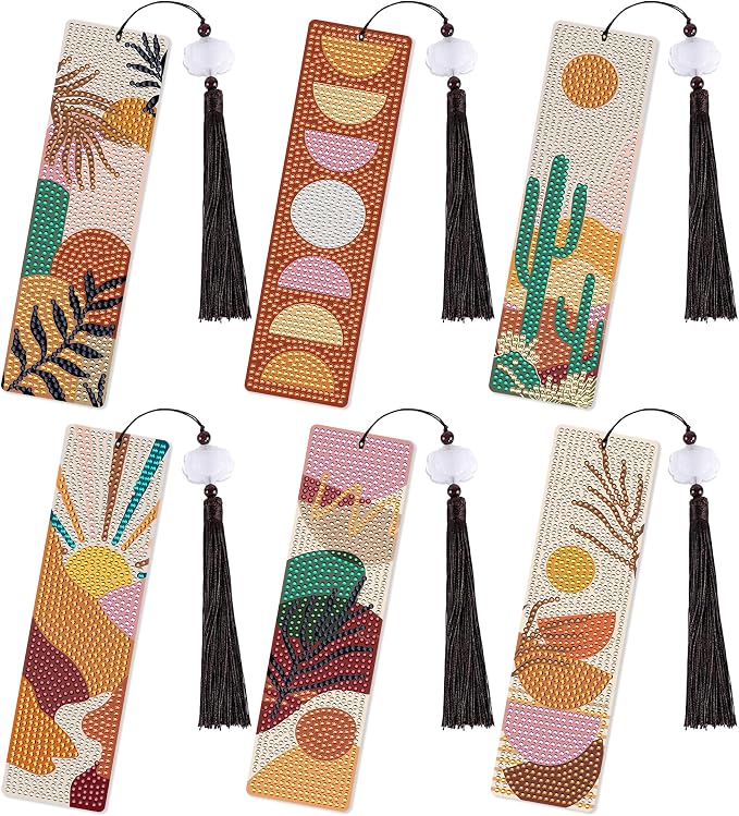 Boho Diamond Painting Bookmark Kit: 6PCS Aesthetic Diamond Art Bookmarks with Tassels, Bohemian Diamond Art Book Marks, DIY Craft Gift for Book Lovers, Reading Accessories for Adults & Kids