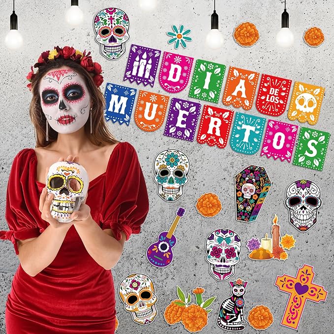 HOWAF 36 PCS Day of The Dead Bulletin Board Decorations, Dia De Los Muertos Mexican Paper Cutouts Bulletin Board Stickers with Glue for Classroom School Party Supplies Skull Cat Chrysanthemum Cutouts