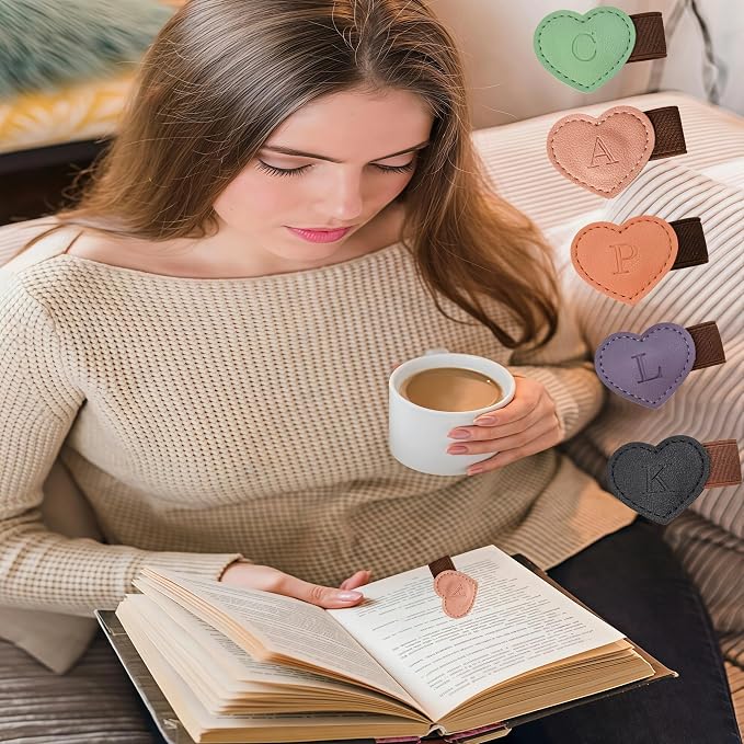 Personalized Magnetic Leather Heart Bookmark with Pen Holder - 26 Letters Custom Book Mark Notebook Pencil Loop with Initial Book Marker for Readers, Book Lovers- Gifts for Women Men(Black & Orange,I)