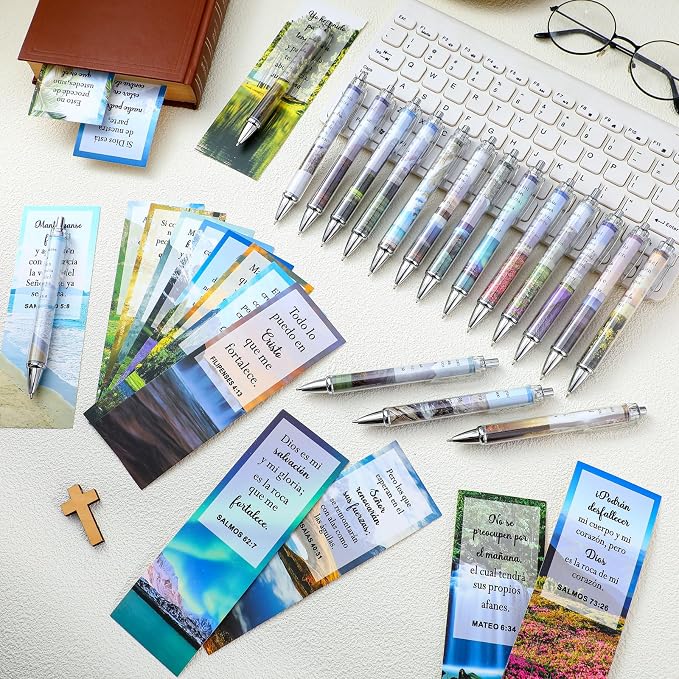 40 Set Spanish Christian Gift Bulk Bible Verse Ballpoint Pen Religious Scripture Bookmark Regalos Cristianos En Español Regalos Cristiano para Mujer Inspirational Biblical Gift for Men Women(Scenery)
