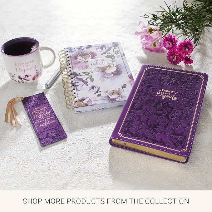Christian Art Gifts Premium Vegan Leather Inspirational Scripture Bookmark for Women: Strength & Dignity Encouraging Bible Verse, Heat-Debossed Florals, Satin Ribbon for Books & Bibles, Purple & Gold