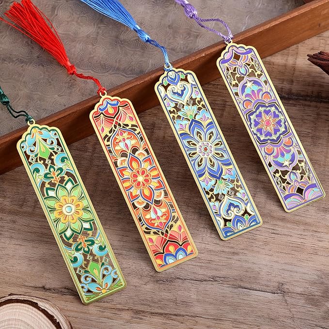 4 PCS Metal Bookmarks with Tassel, Golden Hollow Flower Bookmark Vintage Floral Mandala Theme Book Mark for Women Girls Book Lovers Writers Readers Teens Men