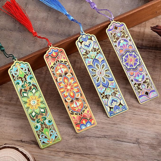 4 PCS Metal Bookmarks with Tassel, Golden Hollow Flower Bookmark Vintage Floral Mandala Theme Book Mark for Women Girls Book Lovers Writers Readers Teens Men