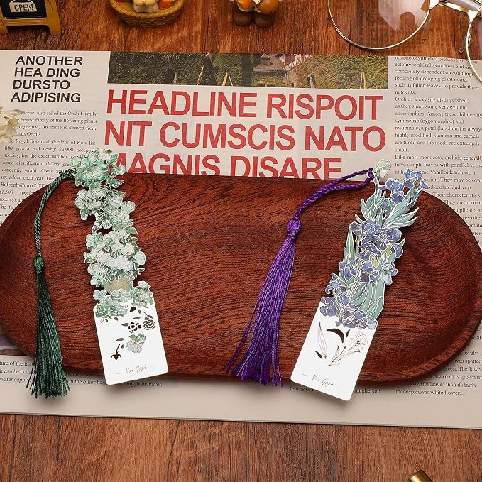 Metal Bookmarks with Tassel - 2 Pcs, Women's Bookmarks - Roses and Irises Design (BKM-046-002)
