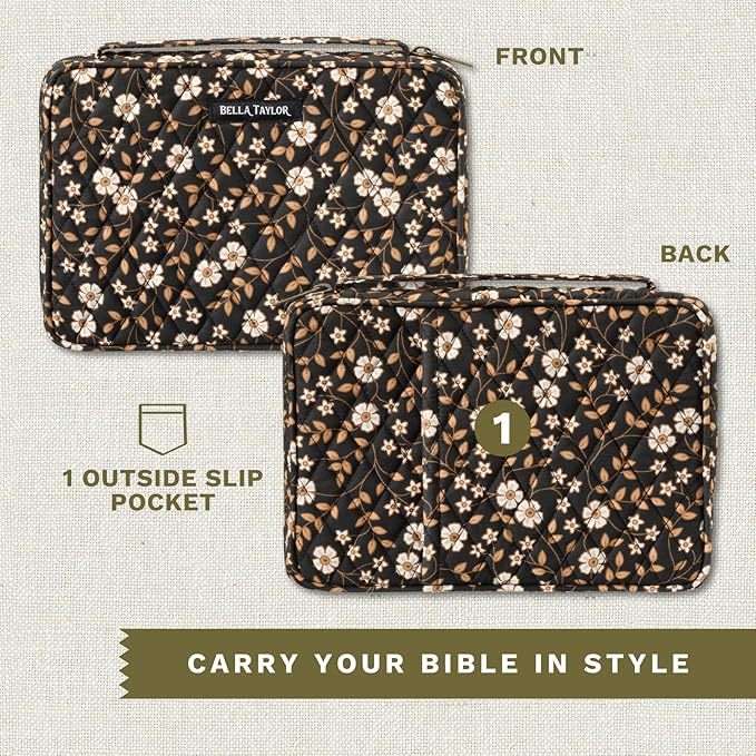 Bella Taylor Small Bible Cover for Women - Quilted Cotton Bible Case for 6 x 9 inch Books - Vintage Vine Midnight