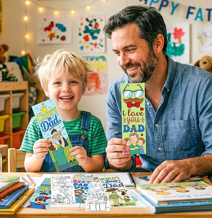 100 Pcs Father's Day Color Your Own Bookmarks for Kids, Bulk Dad DIY Coloring Blank Bookmarks with Ribbons, School Classroom Home Art Crafts Kits Activity, Happy Father's Day Gifts from Daughter Son