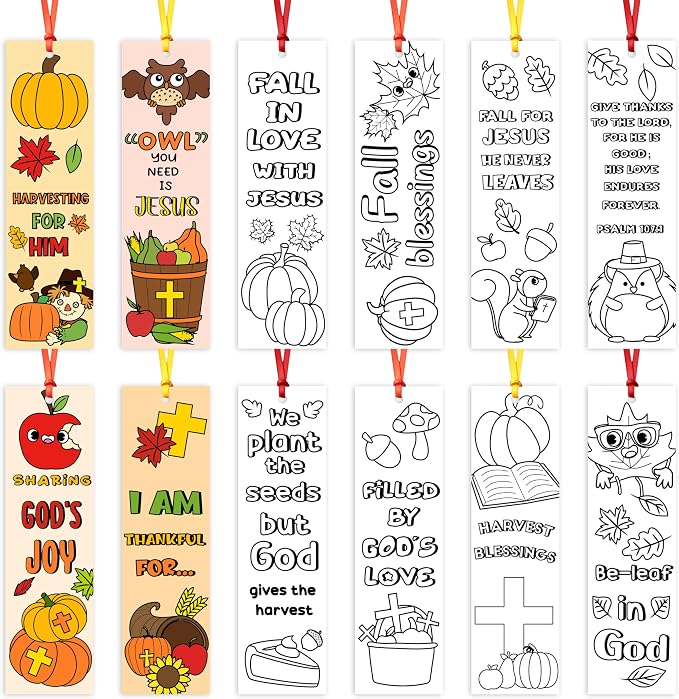 Fall Color Your Own Bookmarks for Kids - 120Pcs Religious Theme DIY Coloring Blank Bookmark Christian Classroom Art Craft Supplies for Teachers Students Gift Party Sunday School Reward Goodie Fillers