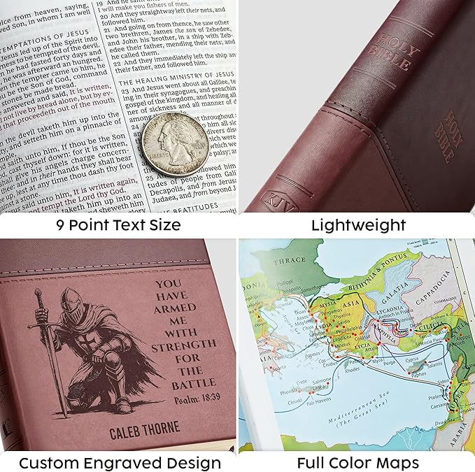 Personalized KJV Bible for Men Engraved Knight Design, King James Version Red Letter, Standard Print, Custom Name Scripture Verse, Christian Graduation Baptism Confirmation Gift, Brown Value Thinline
