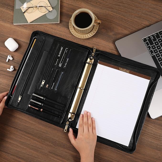 Genuine Leather Portfolio, 3 Ring Binder Padfolio, 11"×14" Padfolio Organizer, Professional Business Portfolio Binder for Men and Women