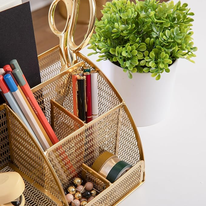 Martha Stewart Ryder Gold Mesh Metal Small Desktop Organizer for Office Accessories, Notebooks, Pen Holder and Drawer