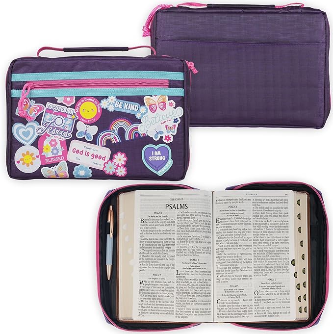 Christian Art Gifts Sturdy Polyester Fashion Bible Cover for Girls: I Am Strong Inspirational Scripture, Multicolor Stickered Design, Secure Zipper Pocket, Flowers & Rainbows, Purple & Pink, Small