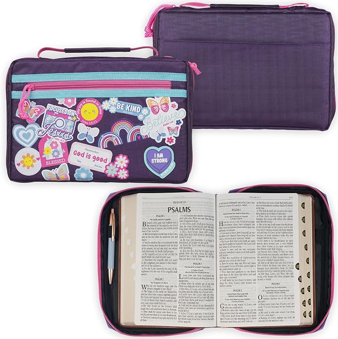 Christian Art Gifts Sturdy Polyester Fashion Bible Cover for Girls: I Am Strong Inspirational Scripture, Multicolor Stickered Design, Secure Zipper Pocket, Flowers & Rainbows, Purple & Pink, Medium