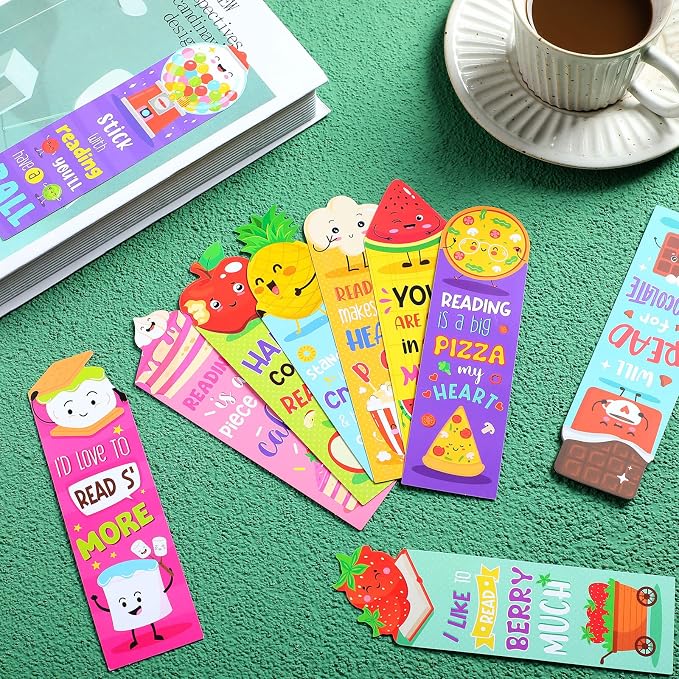 Eersida 150 Pieces Scratch and Sniff Scented Bookmarks Kids Fruit Food Theme Sayings Bookmarks Sayings Assorted Cute Scented Gifts for Students Teens Food Lovers, 10 Styles