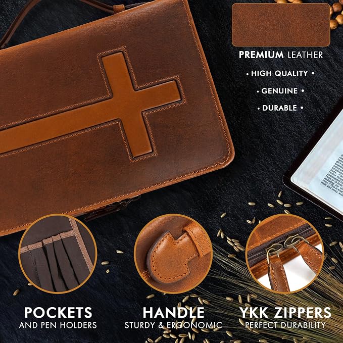 ELIZO Leather Bible Cover Bible Case for Men Women Genuine Leather Bible Bag Holder Cross Large Carrying with Zipper Case Protector Christian Religious Gifts for Mens (Cognac/Tan, Standard/Small)