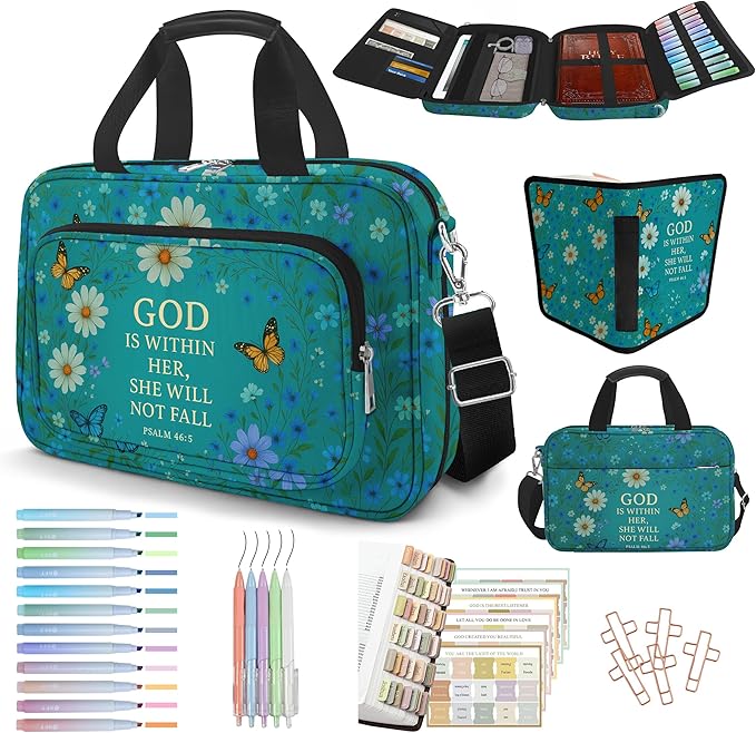 Daisy Bible Cover Case for Women, Vintage Floral Large Bible Bag Carrying Case, Bible Study Supplies Bible Journaling Kit Book Carrying Case with Bible Highlighters Tabs Pens Cross Clips