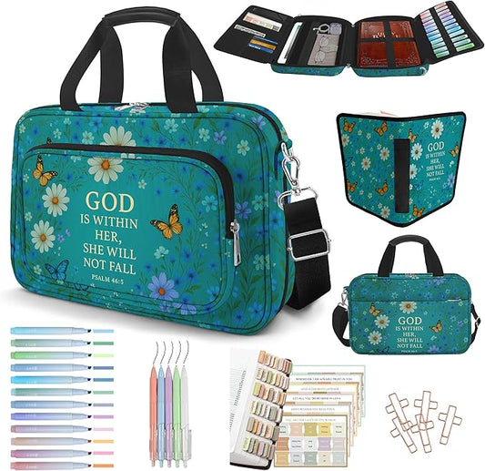 Daisy Bible Cover Case for Women, Vintage Floral Large Bible Bag Carrying Case, Bible Study Supplies Bible Journaling Kit Book Carrying Case with Bible Highlighters Tabs Pens Cross Clips
