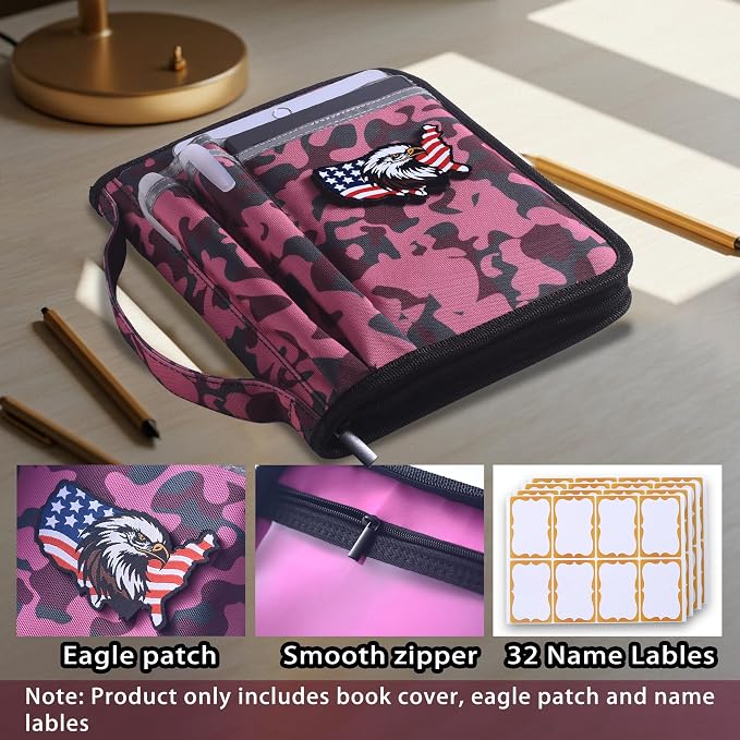 LParkin Pink Camo Scout Book Cover for Handbook 14th Edition, Waterproof Book Sleeve with 32 Name Labels & Eagle Patch, Unique Gifts for Girl Scouts