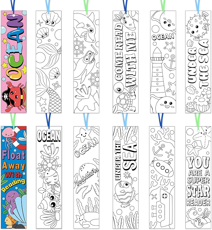 Haooryx Sea Animal Color Your Own Bookmarks - 72Pcs Kids Coloring Blank Bookmarks Creative DIY Book Marker Paper Art Craft Supplies Teachers Students Rewards Reading Enthusiasts Summer Birthday Gifts
