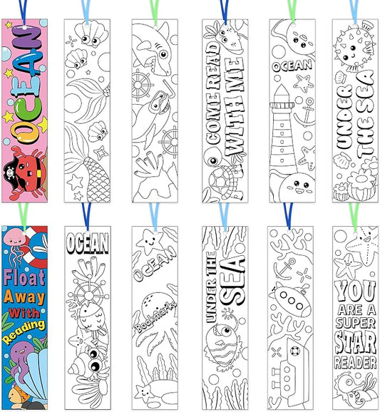 Haooryx Sea Animal Color Your Own Bookmarks - 72Pcs Kids Coloring Blank Bookmarks Creative DIY Book Marker Paper Art Craft Supplies Teachers Students Rewards Reading Enthusiasts Summer Birthday Gifts