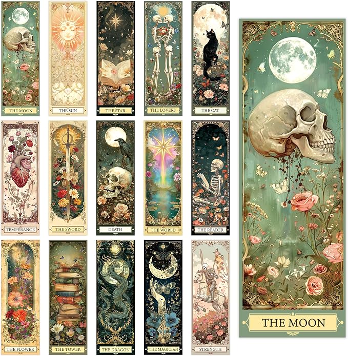 Fantasy Tarot Bookmarks, 60 Pcs Vintage Gothic Dark Academia Book Marker Page Clips, Mystical Floral Skull Reading Accessories for Book Lovers Readers Booktok Gifts
