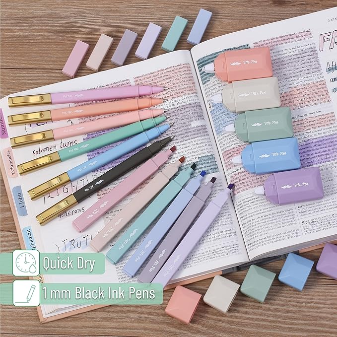 Mr. Pen- Aesthetic Highlighters and Ballpoint Pens No Bleed, 17 Pack, Aesthetic Correction Tapes, Bible Highlighters and Pens No Bleed, Fast Dry and No Smear for Bible Journaling, School Supplies