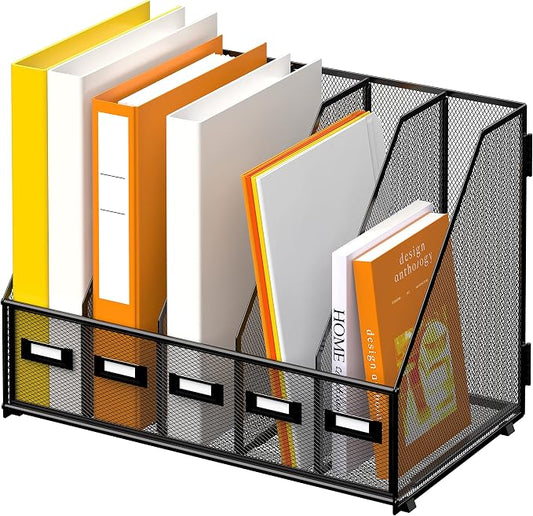DALTACK 5 Vertical Compartments Magazine File Holder, Binder Organizer, Metal Desk Organizers for Office Home School Classroom Organization, Black