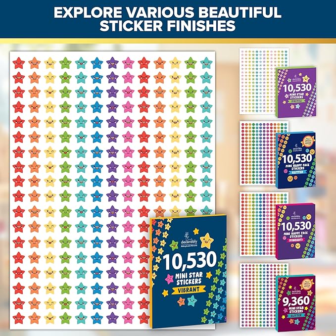 Decorably 10,530 Vibrant Small Star Stickers for Kids Reward - 45 Sheets with 5 Designs for Charts & Worksheets, Classroom Activities, Positive Reinforcement, Arts & Crafts, Scrapbooking, Gift
