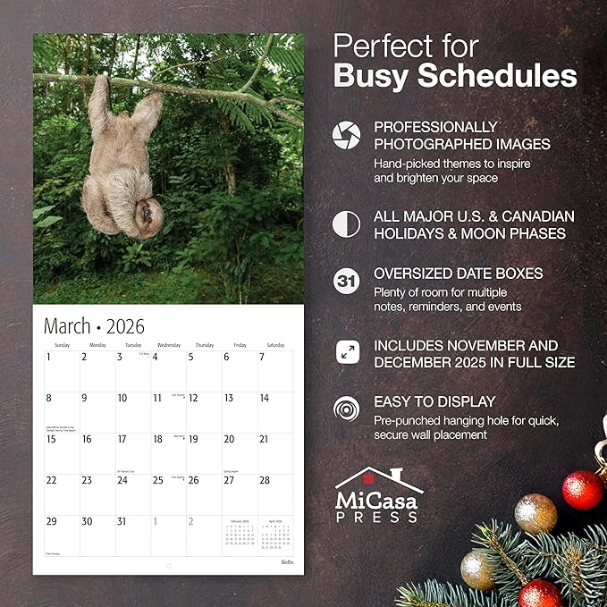 MICASA PRESS Sloths 2026 Wall Calendar 12 Month | 12” x 24” Open | Thick & Sturdy Paper | Giftable | Animal Calendar 2026