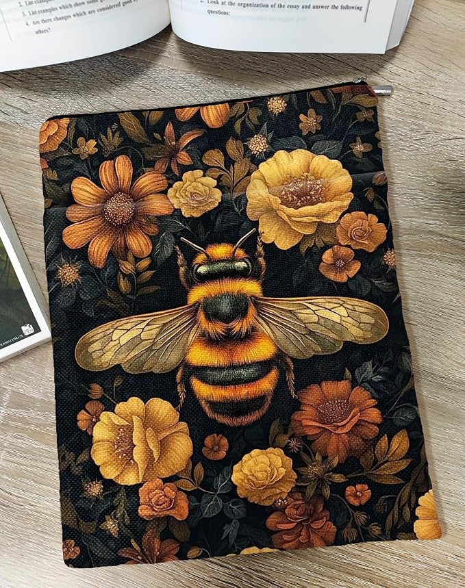 Vintage Flower Bee William Morris Book Sleeve for Book Lovers, Bookish Book Protector with Zipper, Washable Fabric Book Cover for Paperbacks & Hardcovers,11.4 x 9.1Inches (Black-Bees, Medium)