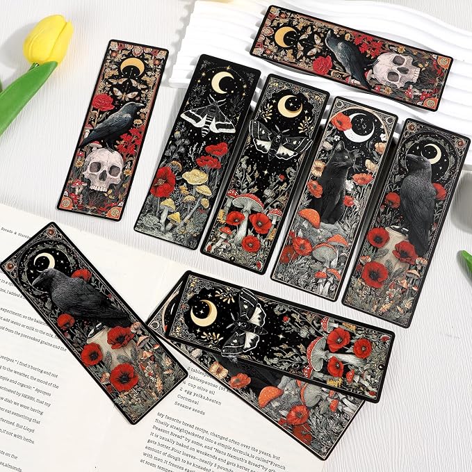 Wxiben Fantasy Bookmarks Gifts for Women - 100 Pcs Mystical Black Cat Moon Bookmark Dark Academia Book Mark Mushrooms Witchy Skull Flower Page Marker Clip for for Book Lovers Bookworms Bookish