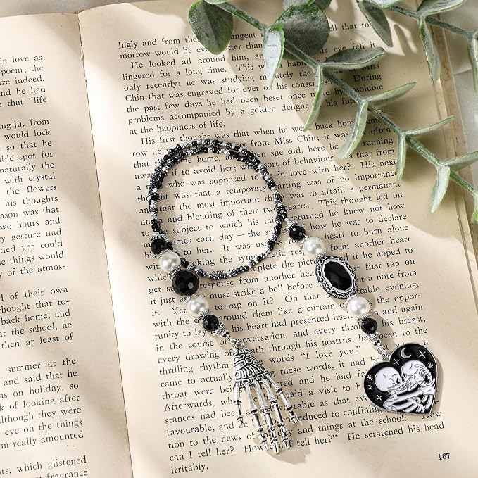 Gothic Skull Bookmark Gifts - Black Halloween Skeleton Beaded Bookmarks for Women Men Book Lovers Crystal Bead Chain Page Marks School Office Reading Accessories Bookish Gift for Birthday