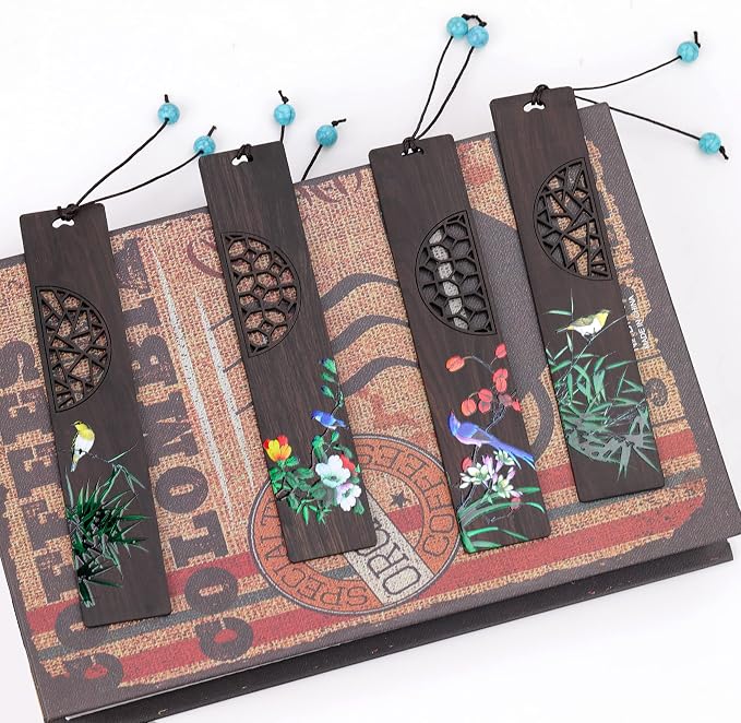 ZIZZON Wooden Bookmark for Men Women, Handmade Natural Wood Carving, Hollow Out and Painted Craft, Ideal Gifts for Men Women Friends Girls Teachers, Birthday Present (Bird and Orchid)