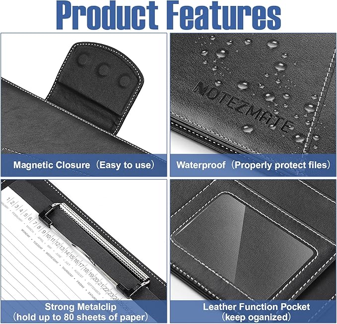 Clipboard Folder Portfolio,DIN A4 PU Leather Padfolio Clip Board,Magnetic Closure Business Clipboard with Cover Professional with 2 Pen,A4 Paper for Interview Resume Office Conference,Black