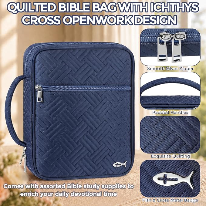 XKDOUS Bible Cover Case for Women, Large Bible Cover with Durable Handle, Washable Quilted Bible Case, Bible Study Supplies & Christian Gifts for Mom, Women, Men (Dark Blue)