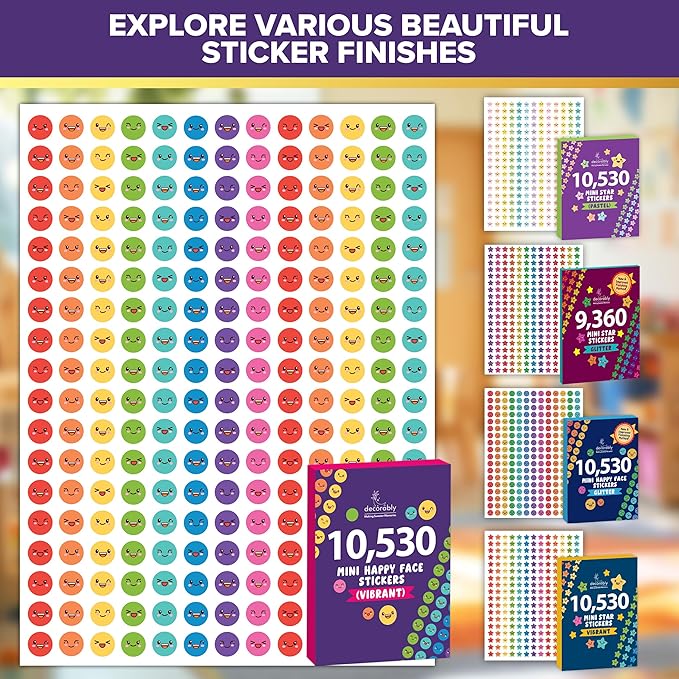 Decorably 10,530 Happy Face Small Stickers for Kids Reward Chart - 45 Sheets Sticker Chart Stickers Small for Classroom Activities, Positive Reinforcement, Arts & Crafts, Scrapbooking, Gift
