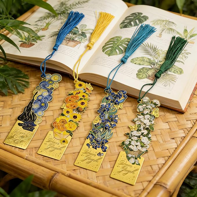 4 Pieces Elegant Metal Bookmarks with Tassel, Hollow Out Art Design Bookmarks with Tassels for Books and Journals (4 Pieces)