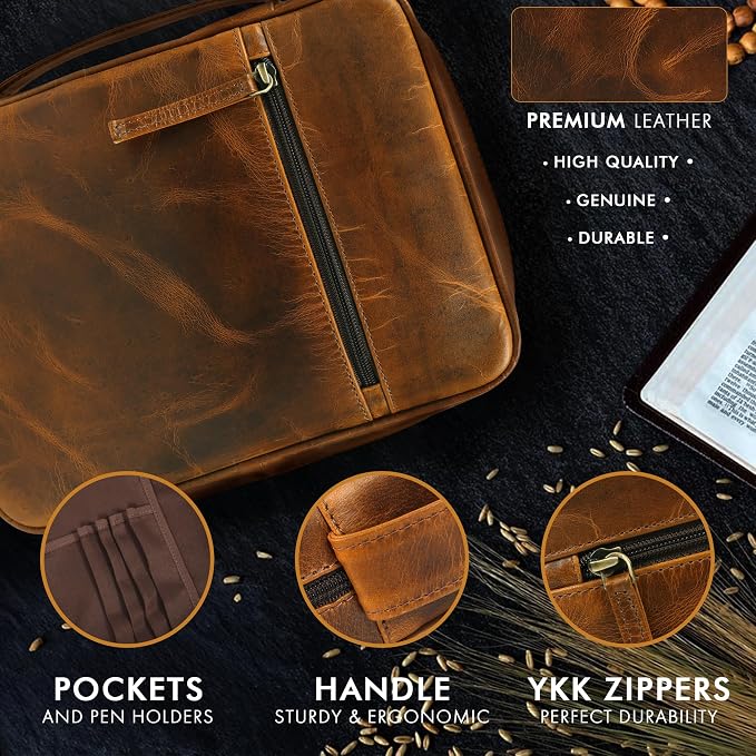 ELIZO Leather Bible Cover for Men Bible Case Women Holder Carrying Organizer Wrap Sleeve Protector Christian Religious Gift Cross Bookmark – Large Antique Brown
