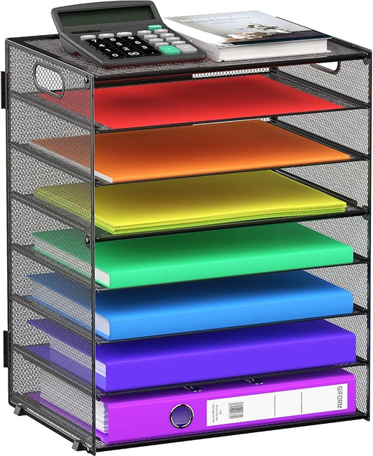 8 Tier Paper Letter Tray Organizer with Handles, Mesh Desk File Holder Storage Organization for Home School Classroom & Office (Black)