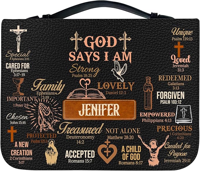 Personalized Man of God Bible Cover, God Says I Am Bible Case PU Leather, Bible Holder Handle Zipper, Faith Scripture with Name Case Bag, Religious Gifts for Church Christians Women Men (GOD-12)