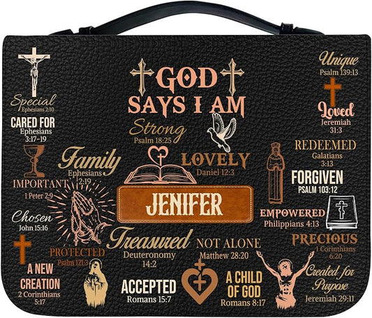 Personalized Man of God Bible Cover, God Says I Am Bible Case PU Leather, Bible Holder Handle Zipper, Faith Scripture with Name Case Bag, Religious Gifts for Church Christians Women Men (GOD-12)