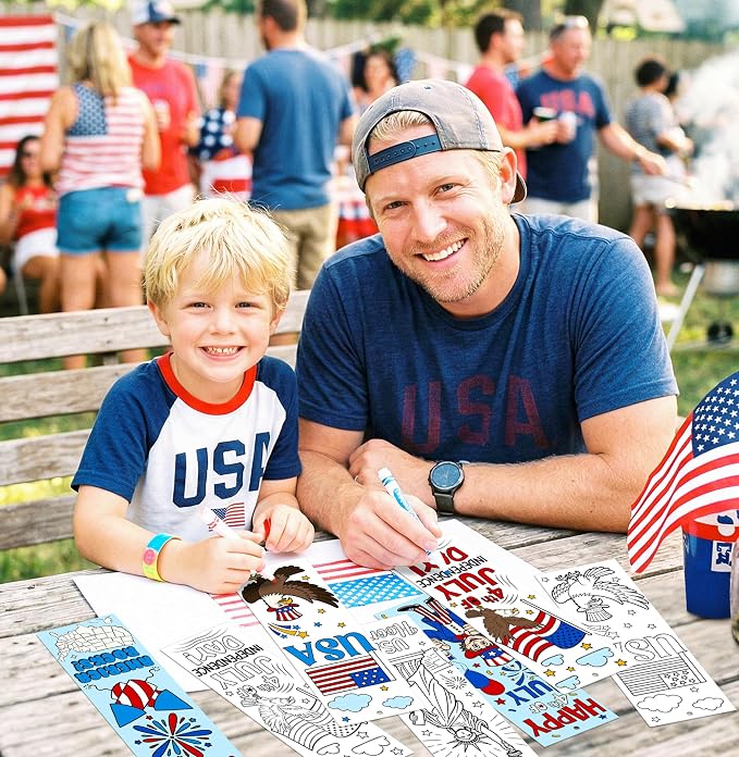 100Pcs Patriotic Color Your Own Bookmarks, 4th of July DIY Coloring Blank Bookmarks with Ribbons Independence Day Art Crafts Supplies Classroom Rewards Gifts USA American Holiday Party Favors for Kids