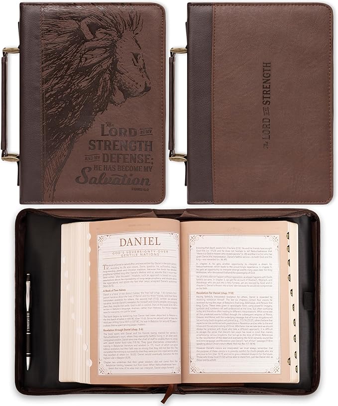 Christian Art Gifts Men's Classic Bible Cover The Lord is My Strength Lion Exodus 15:2, Brown Faux Leather, Medium