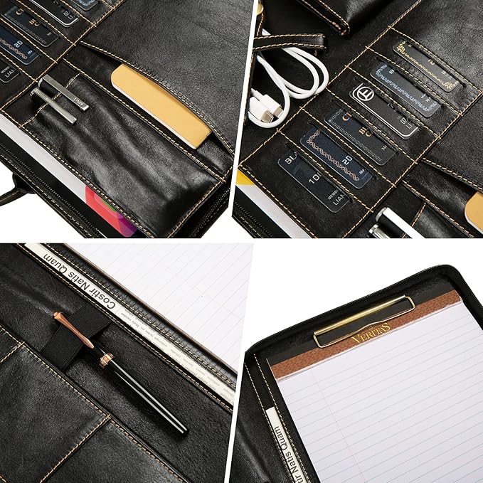 Oil Wax Leather Portfolio, Padfolio Organizer with Handle, Personalized Padfolio，Padfolio With Zipper for Men Women，Suitable for 15-inch Laptop Legal Pad Padfolio, Black