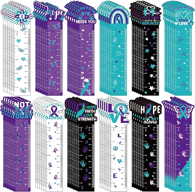 Kosiz 120 Pcs Suicide Prevention Awareness Bookmarks Ruler Bulk Gifts Teal Purple Ribbon Bookmarks Ruler Hope Butterfly Heart Inspirational Gifts for Women Men Suicide Prevention Supplies