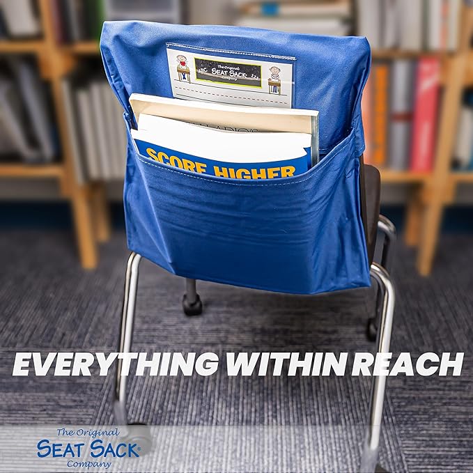 Seat Sack Elastic Classroom Chair Storage Pocket - 12-17 Inches, Blue - Stretch for Multiple Size Chairs - Organizer, Durable and Spacious, Storage and Organization
