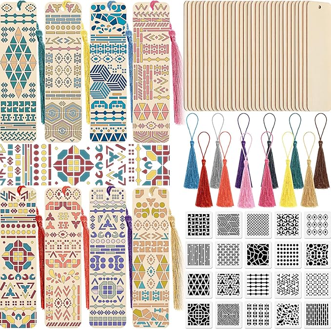 TaoBary 92 Pcs Wood Bookmark Making Kit Includes 36 Unfinished Blank Bookmarks 36 Tassels 20 Templates Craft for DIY Crafts, Painting, Valentine's Day, Mother's Day Gift(Geometry, 4.8 x 1.3 Inch)