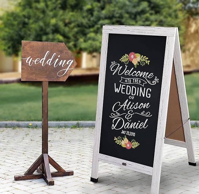 A Frame Chalkboard by HBCY Creations: 24x48 Solid Wood A-Frame Sign Whitewashed Double-Sided Magnetic Board, Chalkboard Menu Board, for Restaurants, Cafés, Weddings - Heavy Duty Hinges