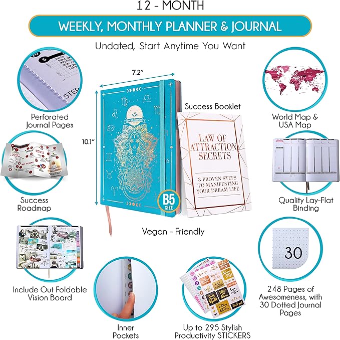 Deluxe Weekly and Monthly Planner | Law of Attraction Planner with Productivity App | 12-Month for Productivity, Gratitude & Goal Setting | Includes Foldable Vision Board, Gift Box & Stickers