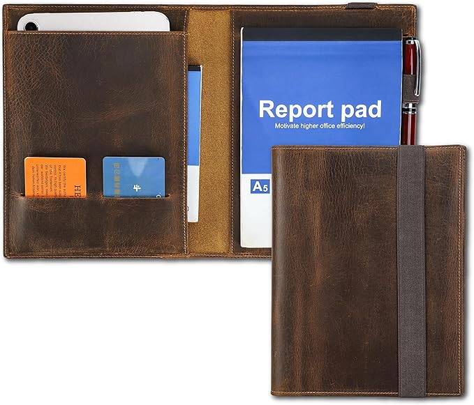 Top Grain Leather 8.3" Padfolio for Men & Women, Handmade Vintage Design, Multi-Functional Business Portfolio Organizer, Compatible with Cards/iPad Mini/Pen/A5 Size Document, Coffee 8.3 Inch