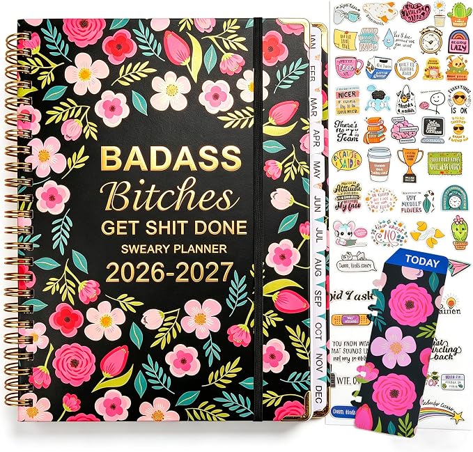 Badass Bitches Get Shit Done Sweary A5 Planner 2026-2027 - 6.2*8.5" Weekly Monthly You Are A Badass Calendar for Women, Fuck It Swear Daily Notebook Goals Productivity Journal Affirmations Gift, Black